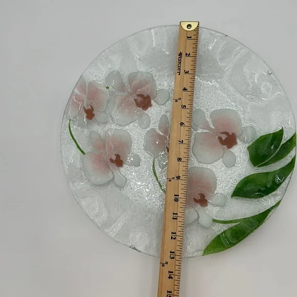 Fused Glass Scalloped Large Plate/Bowl Pink Pansies Green leaves - Picture 16 of 16